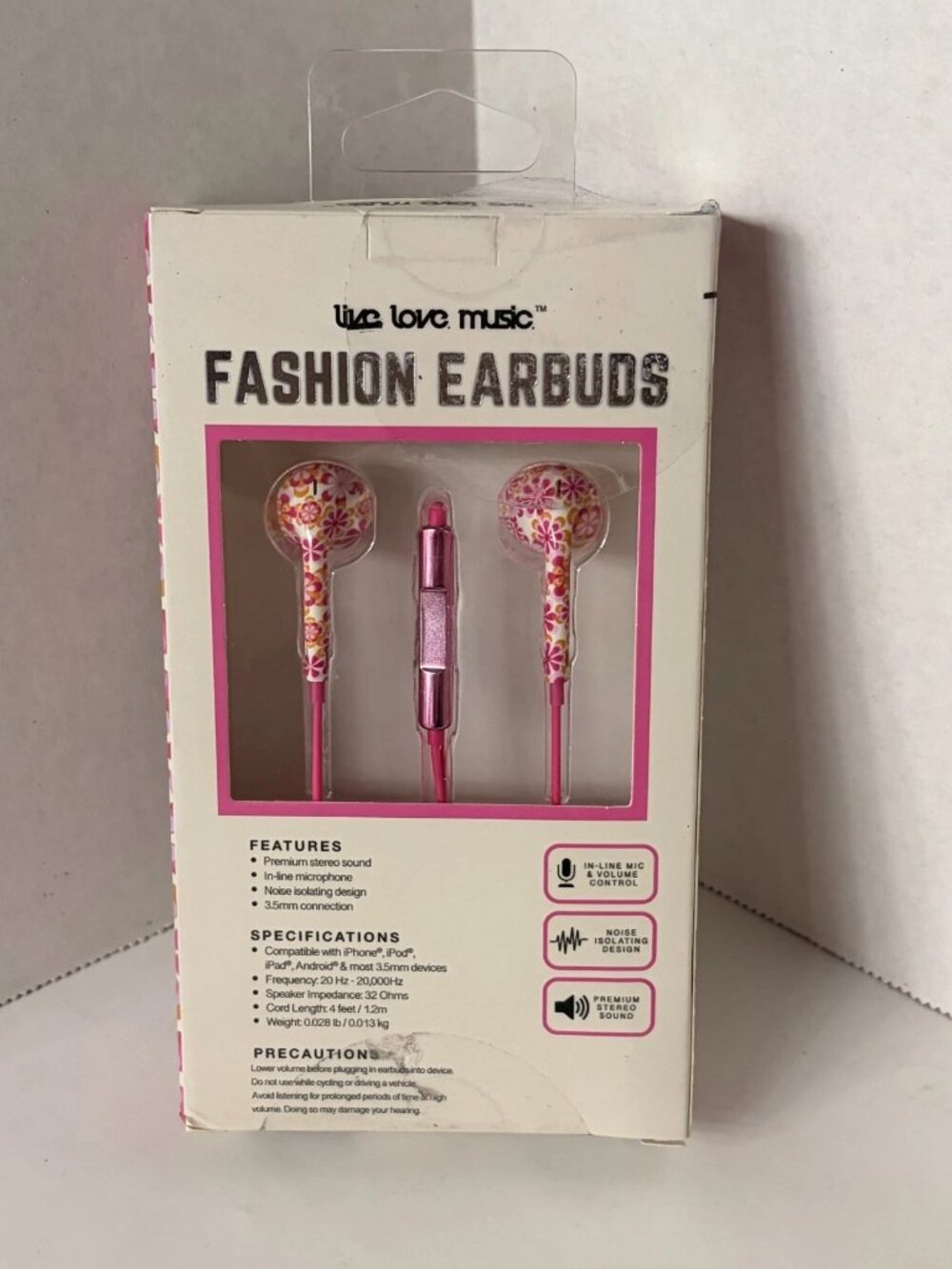 Fashion Earbuds Wired, Flowers Pink Design, 4 Feet, Live Love Music, NEW